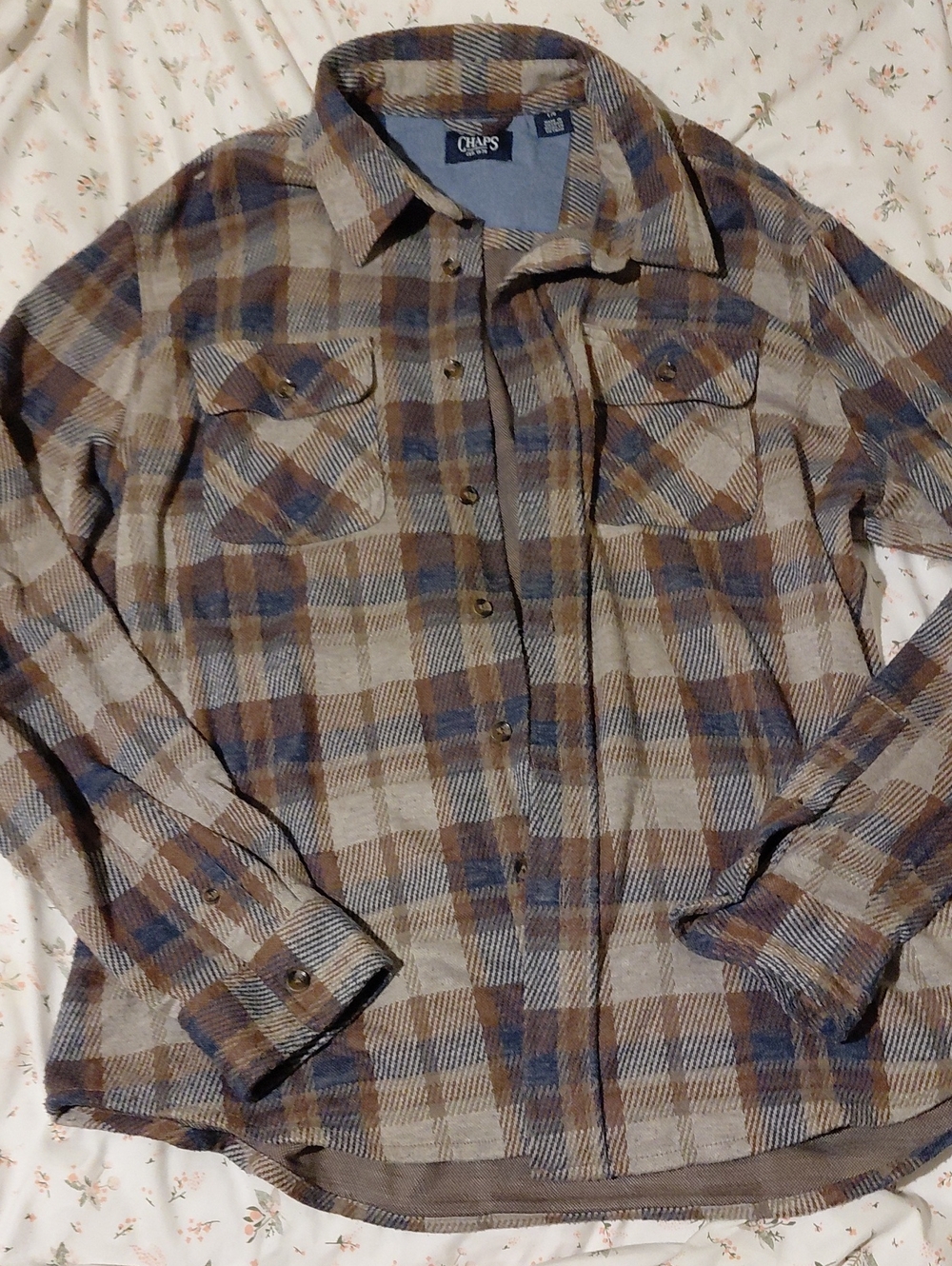 Chaps Men's Blue and Brown Plaid Button-Down Shirt